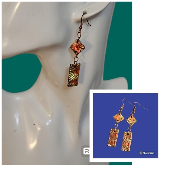 VTG Artisan Copper Dichroic Glass Cubism Dangle Hook Earrings - Picture 1 of 6